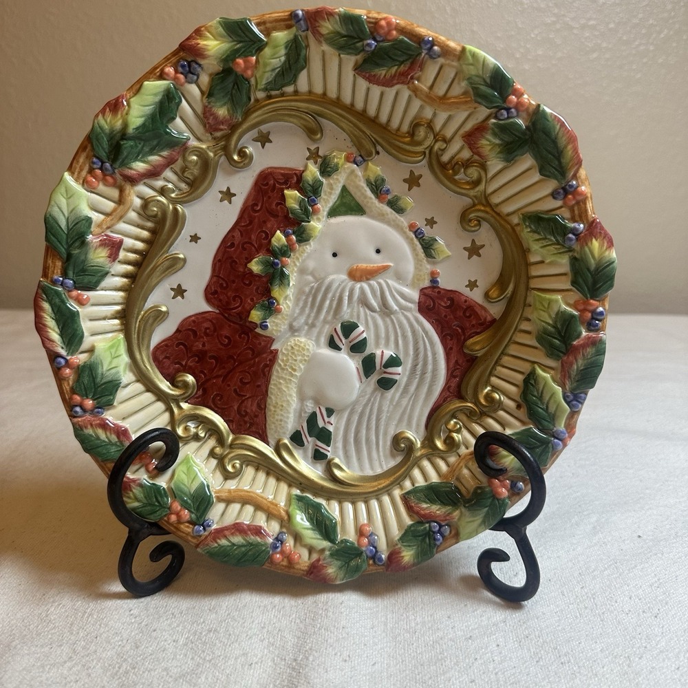 Vintage Fitz and Floyd Canape Plate Snowman‎ Holly Gold Scrolls 9" Christmas